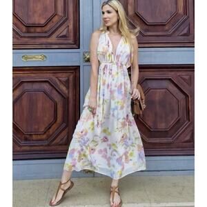 NWT Zara Maxi Long Floral Dress Plunging‎ V-Neck Sleeveless Flowy Fit & Flare